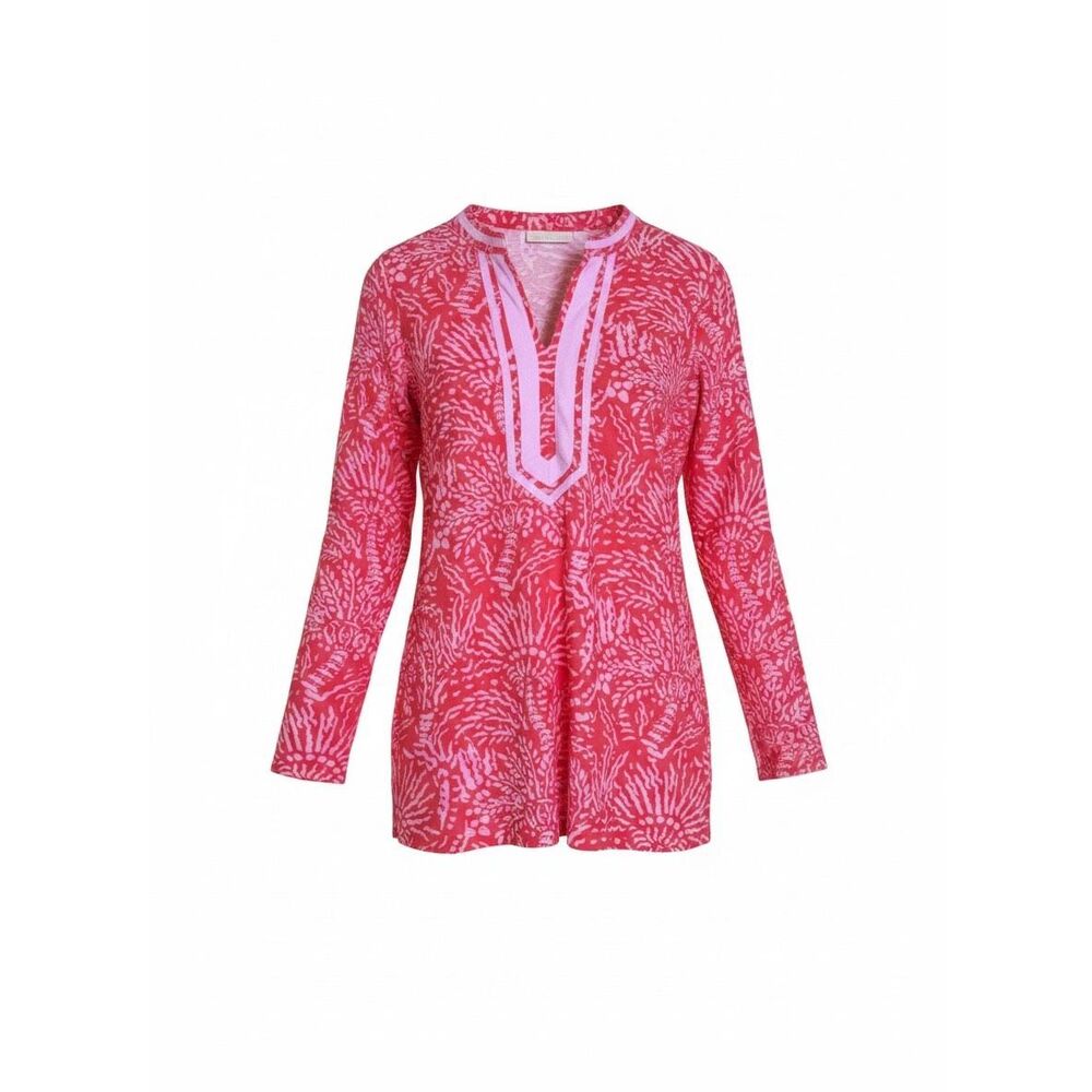 Bellisima by Kim Gravel NWOT Cabana Knit Palm Trim Tunic Top Pink Size‎ Small